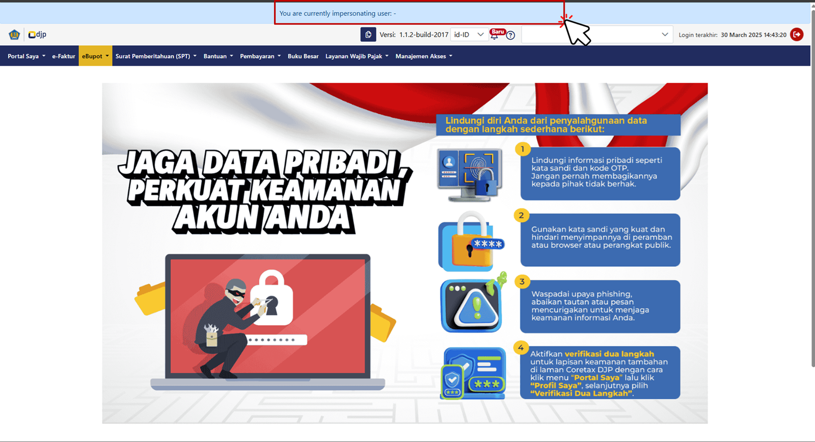 Tampilan Berhasil Impersonating