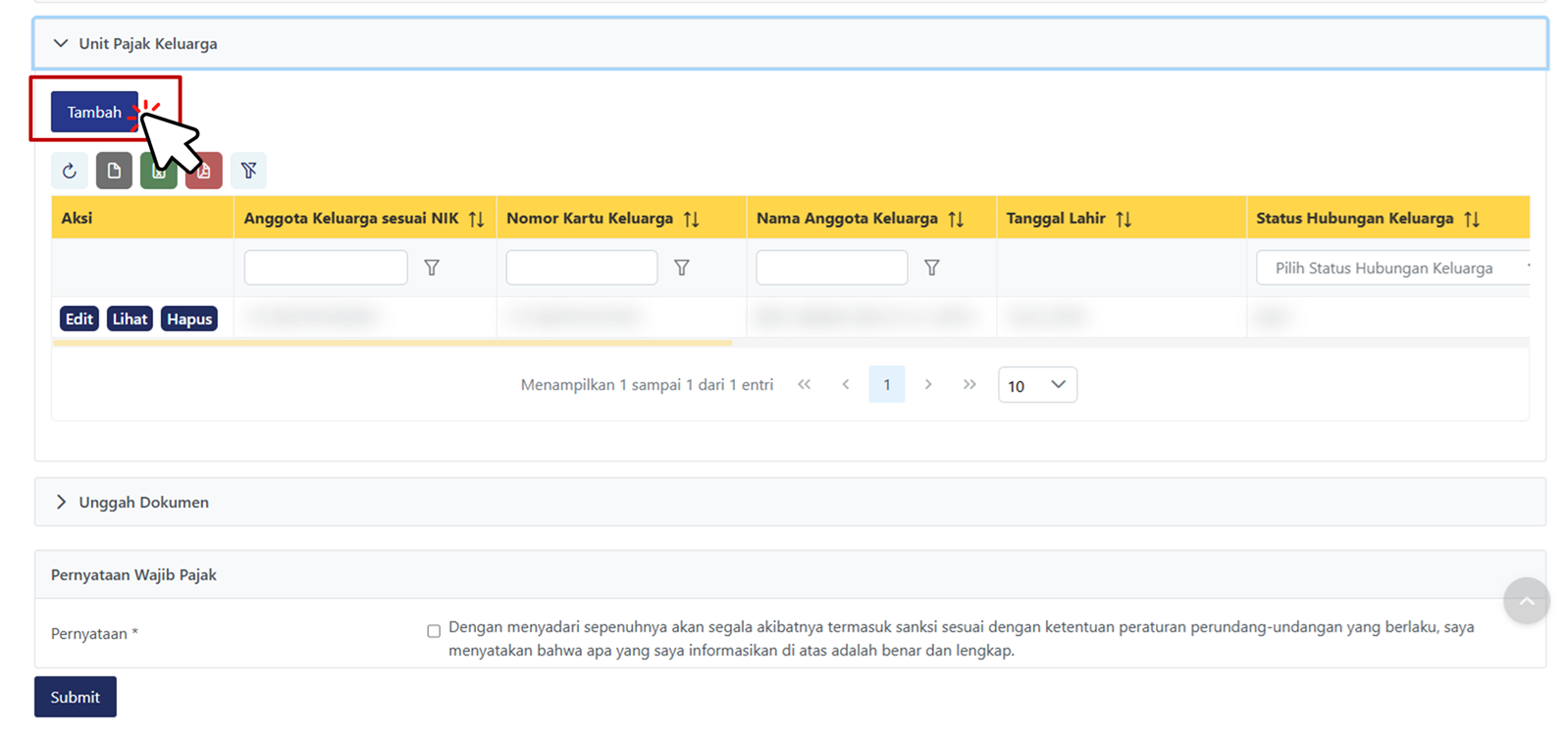 Klik Tambah Pada Unit Keluarga